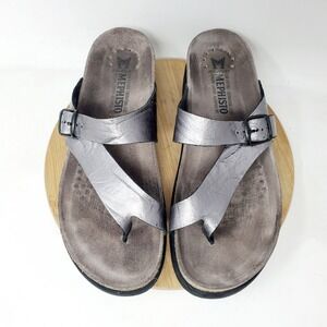 Mephisto Helen Sandals Womens 40 Silver Leather Thong Slide Slip On Comfort Shoe